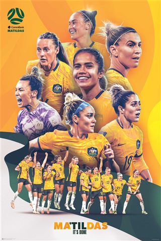 A collage of female soccer players in yellow jerseys with the text "Matildas" and "It's Done" at the bottom. The Matildas poster features multiple action shots and group celebrations. The CommBank Matildas logo is in the top left corner against an orange background, showcasing our sport collection by SPO.