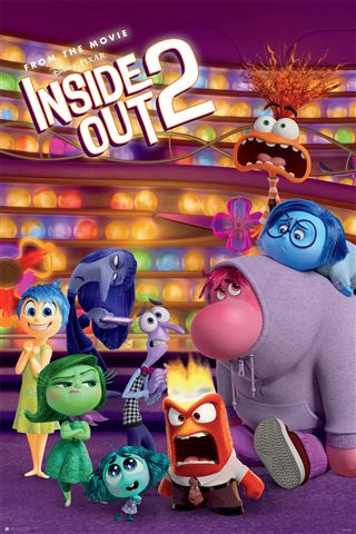 KID 057's Inside Out 2 - Emotions poster showcases colorful animated characters representing different emotions. Joy, Sadness, Anger, Disgust, and Fear are gathered in a vibrant, abstract setting with colorful orbs in the background. This poster is a perfect addition to your Kids Movie Poster collection!