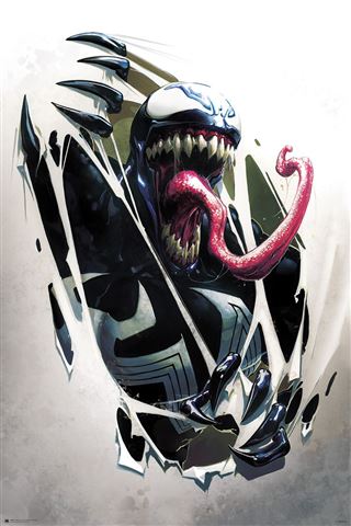 The Marvel Comics - Venom Breaking Out by MTV 137 features a menacing comic book character with a large open mouth, sharp teeth, a long red tongue, and a black and white suit as he appears to be breaking through a wall. The white background enhances the dramatic entrance of the character in this striking Marvel MCU poster.