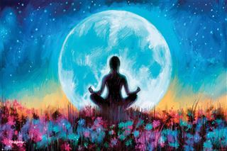 The "PD Moreno - Moon Yoga" by ART 092 is a premium wall art piece that portrays a silhouette of a person meditating in the lotus position against the backdrop of a large, glowing full moon. Vibrant flowers and grass in the foreground are illuminated by the moonlight, set beneath a starry night sky in shades of blue and teal.