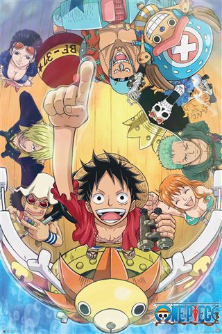 A joyful animated group from MTV 191's "One Piece - Deck" gathers on a ship. The main character points upwards amid distinctively dressed crewmates, set against a nautical background.