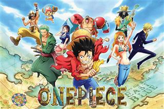 Anime characters from "One Piece" by MTV 203, featuring a straw hat-wearing boy, energetically pose against a map-themed background, with "One Piece - Map" displayed prominently at the bottom.