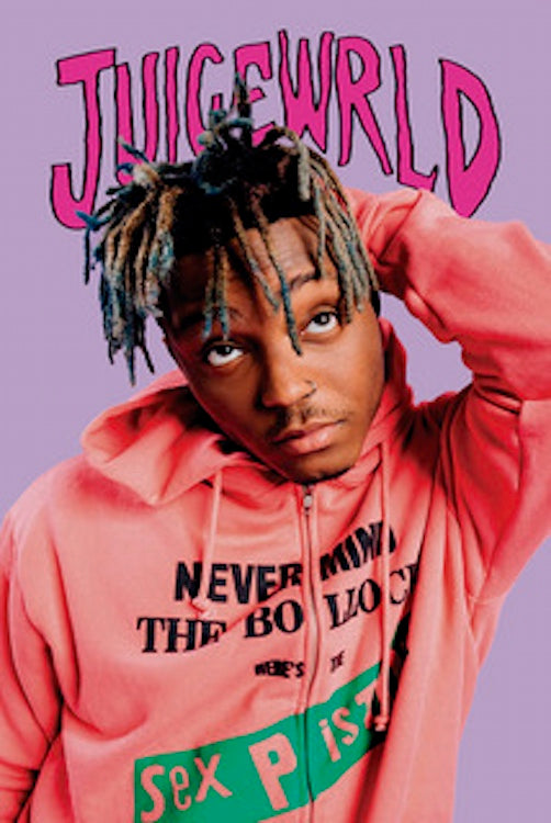 A young man with dyed dreadlocks is wearing a pink "Sex Pistols" hoodie and looking into the camera while touching his head. The background is purple with the text "Juice Wrld" from MUS 209 in large, stylized pink letters at the top, making it a striking addition to any hip hop poster collection.