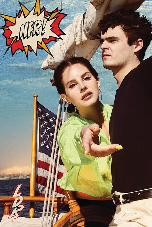 A woman in a bright green top and a man in a black shirt pose on a sailboat, evoking an alternative music vibe. She extends her hand as "Lana Del Rey NFR" appears cartoonishly above them. An American flag waves with the ocean and city faintly visible in the background. Brand: MUS 267.