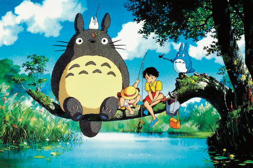 The My Neighbour Totoro Fishing poster by MTV 090 features a serene animated scene from "My Neighbor Totoro." It showcases the large grey creature, Totoro, sitting on a tree branch next to two children—one with a fishing rod and the other asleep. Smaller creatures are scattered around them as they overlook a tranquil lake, perfectly capturing the essence of Japanese Animation.