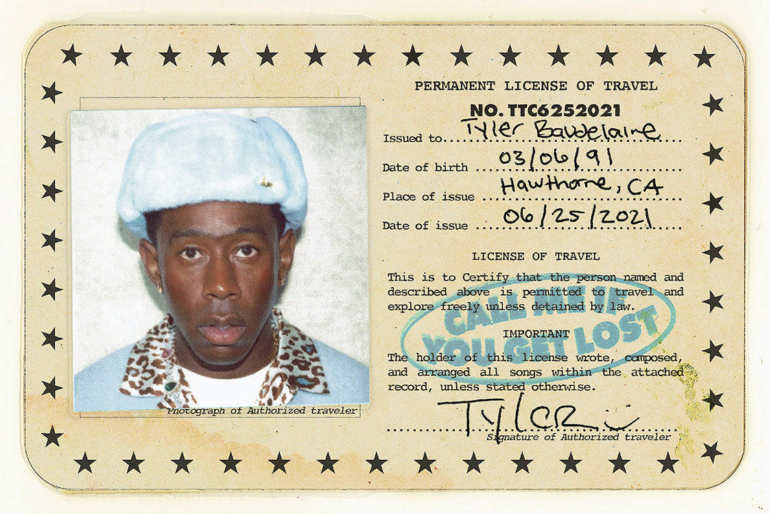 An official document titled "Permanent License of Travel" issued to Tyler Baudelaire is available with the following details: a passport-style photo of Tyler, date of birth (03/06/91), place of birth (Hawthorne, CA), and issue date (06/25/2021). The document is stamped with "You are Lost!" It's an excellent keepsake for fans who would value it highly, akin to rare hip-hop memorabilia. This item from the product line Tyler the Creator - Call Me by MUS 290 is perfect for devoted admirers.