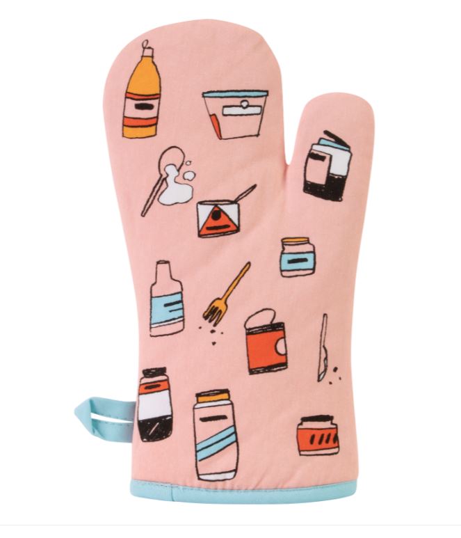 A pink "Oven Mitt - 5pm Love 7pm Fuck This" by Blue Dog Posters is adorned with illustrations of various kitchen items, including bottles, jars, utensils, and a bowl. This super-insulated mitt features a light blue trim at the bottom and has a small loop for hanging.