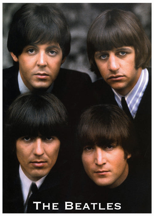 A portrait of the Beatles on premium gloss paper from MUS 006, titled "The Beatles - For Sale." The image captures four young men with similar hairstyles and suits, looking directly at the camera with serious expressions. The text "The Beatles" is written at the bottom in white letters, making it a perfect addition to any music collection.