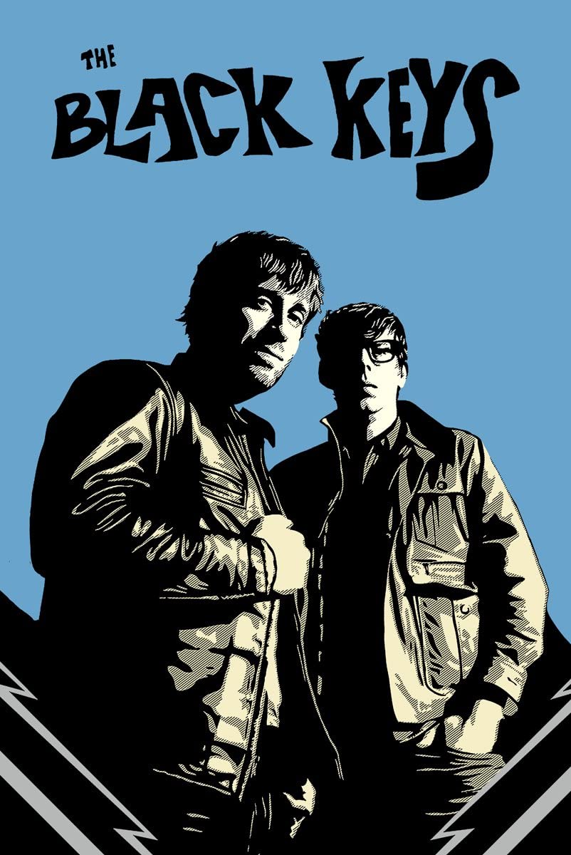 Illustrated Rock Poster for "The Black Keys" from MUS 016, featuring two men standing side by side against a blue background. Both are clad in jackets and are looking directly at the viewer. The text "The Black Keys" is prominently displayed at the top in a stylized, bold black font—an essential addition to any music collection.