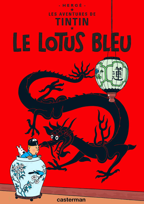 Aventures de Tintin Le Lotus Bleu A3 poster by Blue Dog Posters features Tintin hiding in a porcelain vase, a black dragon circling a green lantern with Chinese characters on a red background, and is printed on 250gsm satin paper.