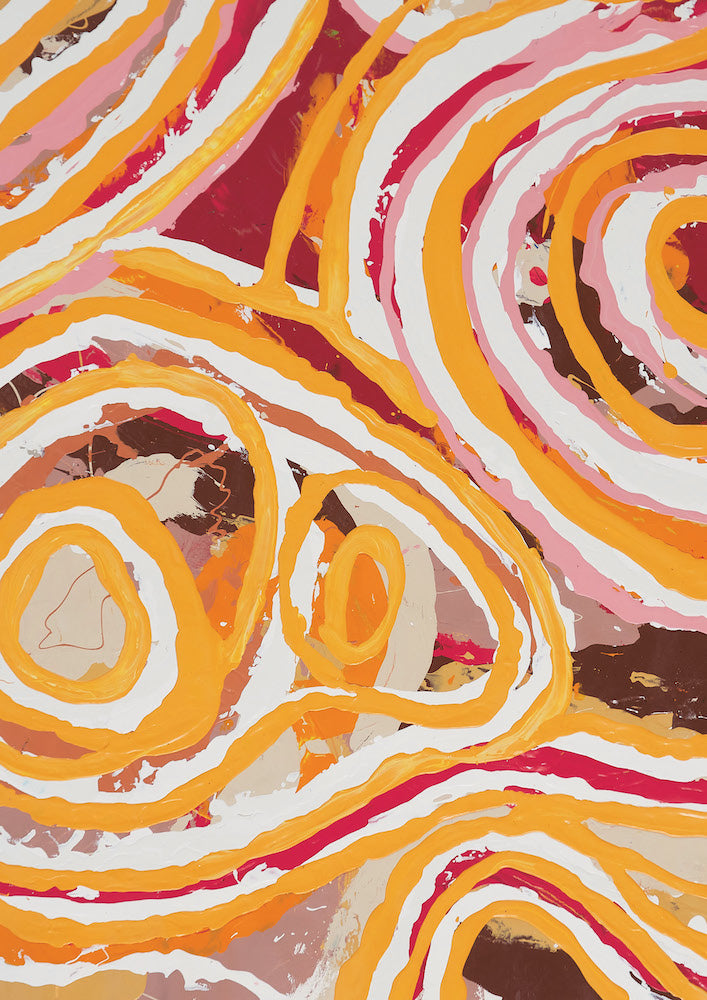 Gorges Above Miles of Eora / Gadigal people" by Blue Dog Posters is an abstract piece featuring swirling patterns in warm hues like orange, yellow, white, pink, and red. Concentric circles evoke a dynamic effect reminiscent of natural formations or topographic maps found in First Nations Aboriginal Art Prints.