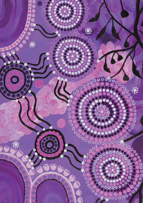 The Midnight Moon by Alisha of Wadawurrung from Blue Dog Posters captures Aboriginal Art Prints' essence, showcasing circular and wavy dot patterns in purple, pink, and white with black lines resembling branches and leaves on a textured purple background.
