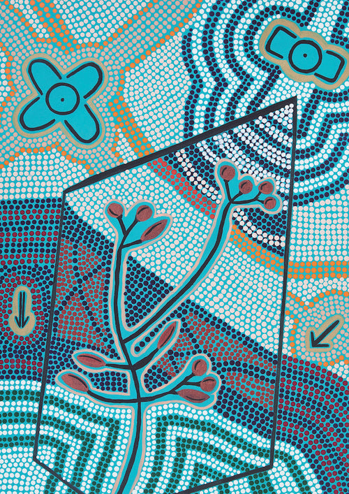 The "Hunting & Gathering - Wake Man of Waka Waka" by Blue Dog Posters features abstract art with a geometric frame encasing a stylized plant. Its red, blue, and white dot patterns reflect Aboriginal Art Prints, with corner arrows and symbols highlighting cultural connections.