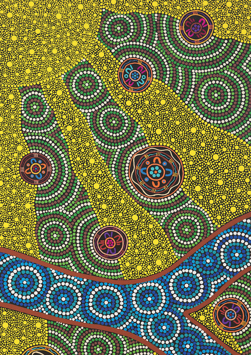 A Sun Drenched Land" by Michael L for Blue Dog Posters showcases abstract Aboriginal art with vibrant dot patterns in green, yellow, and blue. The piece features circular motifs on a background of densely packed yellow dots, reflecting cultural connections through flowing patterns and traditional themes.