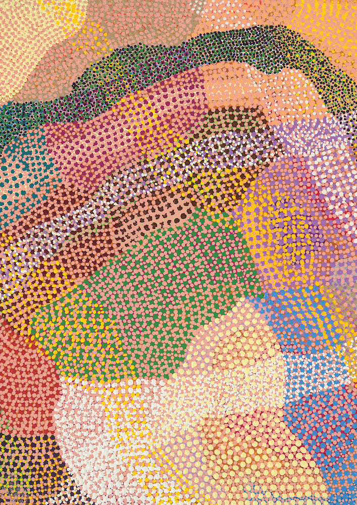 Rainbow Land - David T of Wemba Wemba" by Blue Dog Posters showcases abstract, mosaic-like overlapping wavy patterns in vibrant hues such as pink, orange, green, yellow, and blue, echoing First Nations Australian art.