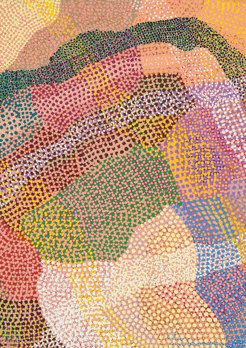 Rainbow Land - David T of Wemba Wemba" by Blue Dog Posters showcases abstract, mosaic-like overlapping wavy patterns in vibrant hues such as pink, orange, green, yellow, and blue, echoing First Nations Australian art.