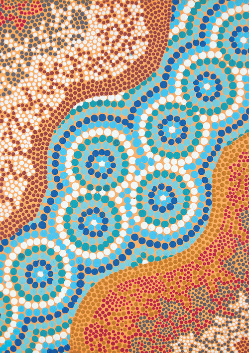 The Mitchell River by K Austin of Gunaikurnai, available through Blue Dog Posters, features vibrant dot painting with blue concentric circles, red, white, and yellow dots. Curved lines weave through the piece echoing the flowing patterns typical of Australian Aboriginal art prints.