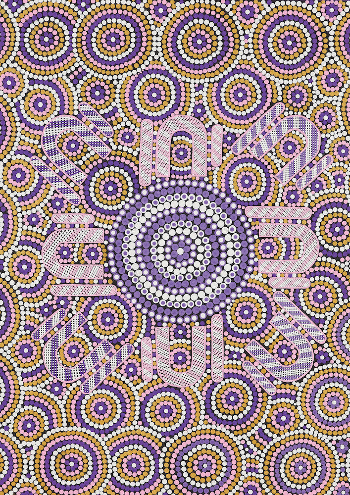 The "Womens Day - Matthew S Yorta Yorta" from Blue Dog Posters is inspired by Aboriginal art, featuring concentric circles and curves in purple, yellow, and orange. It reflects the heritage of the Yorta Yorta people with vibrant dots forming a symmetrical pattern.