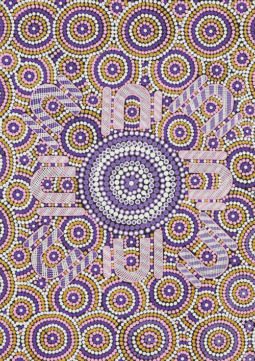The "Womens Day - Matthew S Yorta Yorta" from Blue Dog Posters is inspired by Aboriginal art, featuring concentric circles and curves in purple, yellow, and orange. It reflects the heritage of the Yorta Yorta people with vibrant dots forming a symmetrical pattern.