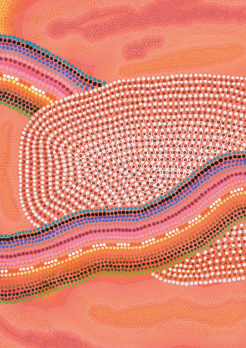 The art piece "Sacred Place- Anthony Wurundjeri people" by Blue Dog Posters showcases intricate Aboriginal Art prints, with swirling orange, pink, and purple lines on a peach background. It highlights central white circles and blue, green, and brown dot sections to reflect cultural connections.