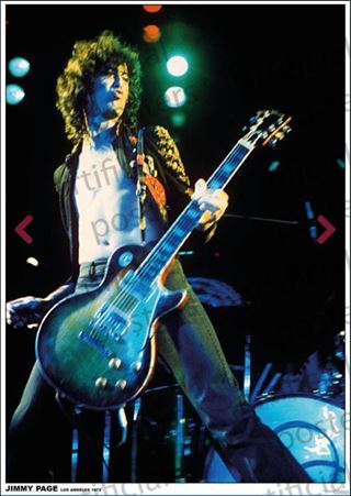 A long-haired guitarist in an open jacket and jeans plays an electric guitar on stage under colorful lights, with a drum set behind. Ideal for any Led Zeppelin fan or music collection. Brand: MUS 194.