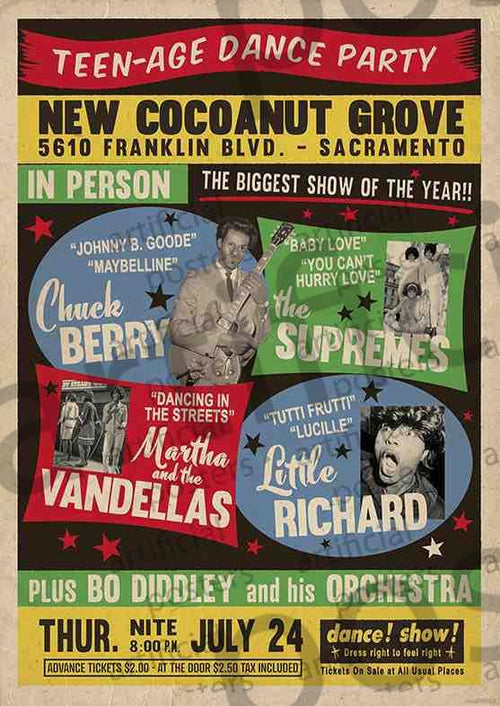 A vintage MUS 299 poster for a "Teen-Age Dance Party" at New Cocoanut Grove, Sacramento, printed on premium 150gsm gloss paper. It features performances by Chuck Berry, The Supremes, Martha and the Vandellas, Little Richard, and Bo Diddley and his orchestra. The event is scheduled for Thursday, July 24 at 8:00 PM—a must-have addition to any collection.