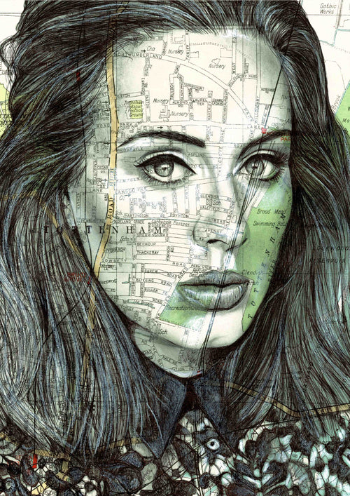 A portrait of a woman with long hair is combined with a map overlay, blending her facial features and hair with streets and landmarks. Printed on 250gsm satin paper, the map includes place names and intricate line work, creating a complex and artistic fusion featured in our Art Print collection. This unique piece is titled "Adele by The Art of the North" from fap.