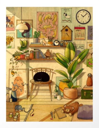 Illustration of a cozy room like "Afternoon Sun" by Felicia Chiao from GAL3: a black cat on a chair, colorful posters and clock on the walls, plants, books, a stuffed bear, and art supplies. Sunlight streams through the window, casting warm light.