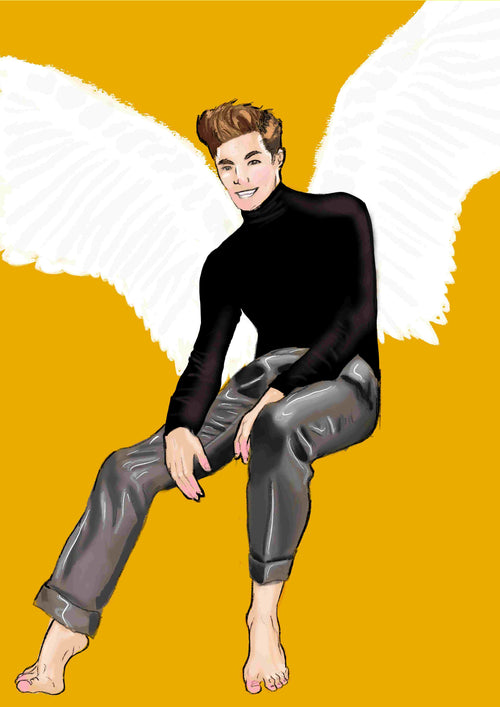 The "Morning Star" poster by Blue Dog Posters features a Miles Illustrated art piece of a smiling person with angel wings, dressed in a black turtleneck and gray pants, seated cross-legged against a vivid yellow backdrop.