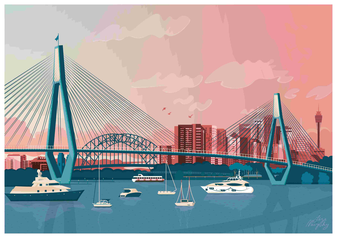The "Anzac Bridge by Liza Murphy," part of the fap Featured Artists Collection, showcases an illustration of a cityscape with two bridges, sailboats, and yachts on a river. The background is adorned with skyscrapers and a tower under a pink and orange sky. This art print boasts a modern, vibrant color palette, perfect for adding a stylish touch to any space.