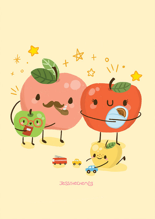 An enchanting depiction from the Apple Family by Jess Chen A5 collection features anthropomorphic fruits. A pink peach sporting a mustache holds a green apple with glasses, while a red apple reads a book, and a yellow pear plays with toy cars. Stars twinkle around them on a light beige background, with "Jessthechen" signed at the bottom. Available from Blue Dog Posters.