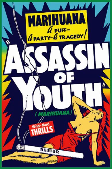 ART 110’s "Assassin of Youth - Marihuana" poster showcases a woman in red next to a giant "Reefer" cigarette with bold slogans, printed on premium 150gsm gloss paper as a large regular poster.