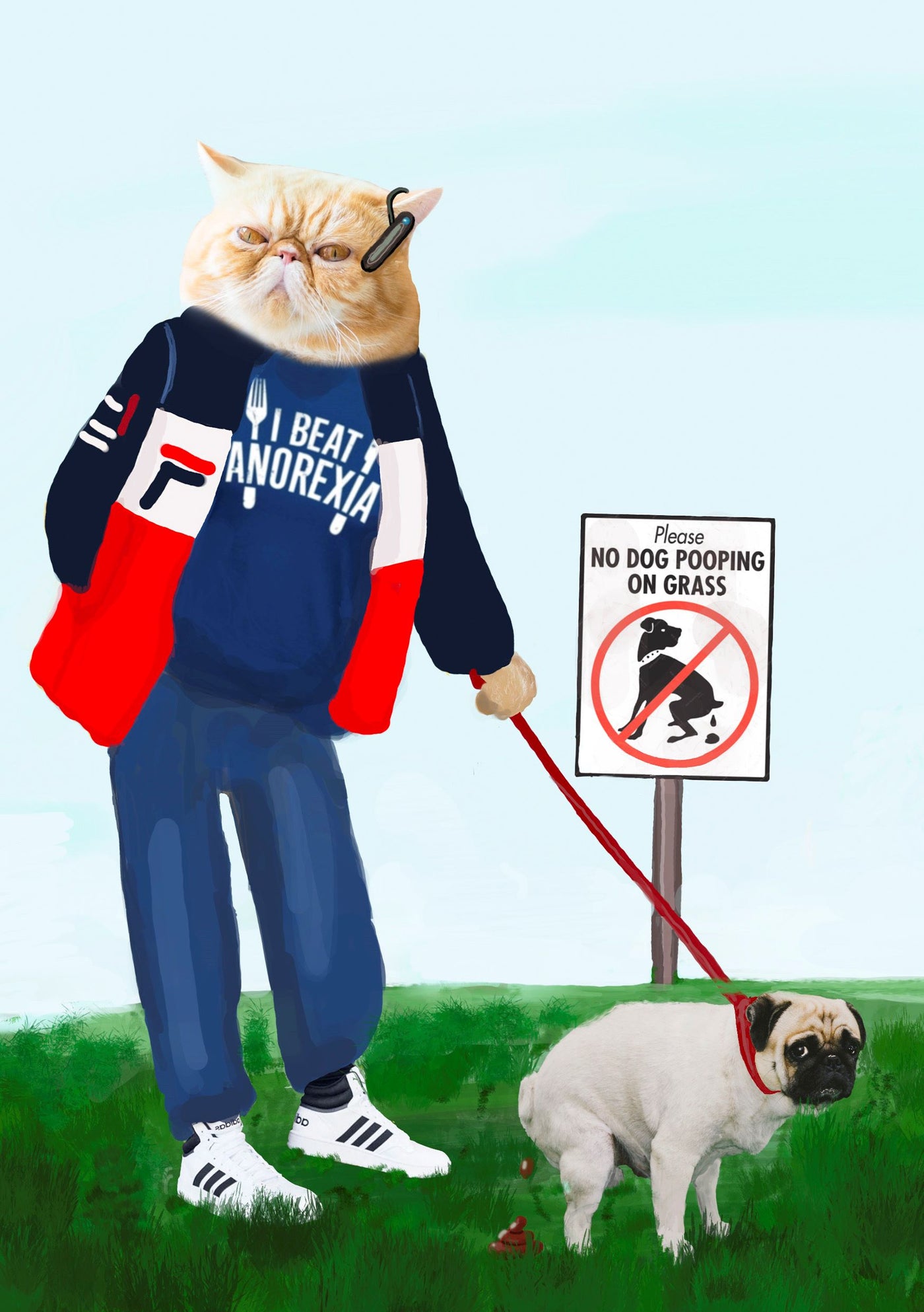 The digital art piece "Asshole Cat by Itchy Grandpa A5," part of the Little Art series, depicts an anthropomorphic cat wearing headphones, a red and blue jacket, and a shirt that reads "I beat anorexia." The cat is holding a leash connected to a pug defecating on grass next to a sign that says "Please No Dog Pooping on Grass." Deluxe Postcard Frames are available.