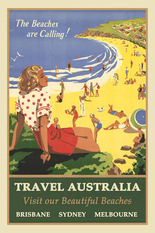 The A5 Vintage Australia Beautiful Beaches poster depicts an idyllic beach scene with people basking in the sun. In the foreground, a woman wearing a polka dot shirt and red shorts adds charm to the illustration. The text declares, "The Beaches are Calling! Visit our Beautiful Beaches: Brisbane, Sydney, Melbourne.