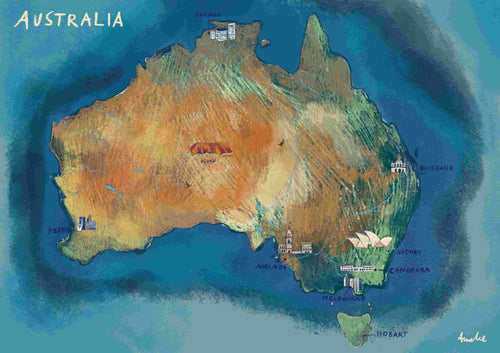 The Australia Map by Annalisa Biancardi from Blue Dog Posters features landmarks such as Uluru, Sydney Opera House, Harbour Bridge, the Melbourne skyline, and notable buildings in Perth, Brisbane, Darwin, Adelaide, Canberra, and Hobart surrounded by ocean.