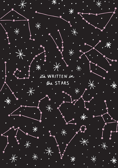 The poster "In the Stars" by Badger & Burke, available from Blue Dog Posters, features pink constellations and white stars on a black background with "it's written in the stars" in white cursive text.