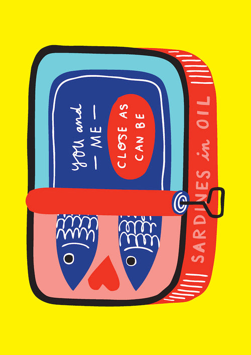 Illustration of an open sardine can with two heart-faced fish on a yellow background. The text "You and Me - Close As Can Be" is inside, designed in Mid Century Graphic Design style by Badger & Burke. The side reads "Sardines by Badger & Burke." Brand: Blue Dog Posters.
