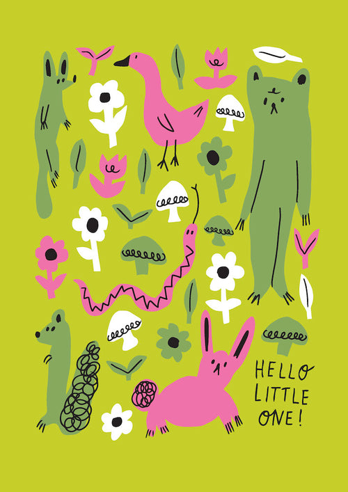 The "Little Critters by Badger & Burke" poster from Blue Dog Posters showcases a whimsical Mid Century Graphic Design on green, featuring a bear, rabbit, bird, caterpillar, and mouse among flowers and leaves. The playful text "HELLO LITTLE ONE!" adds charm to this delightful print.