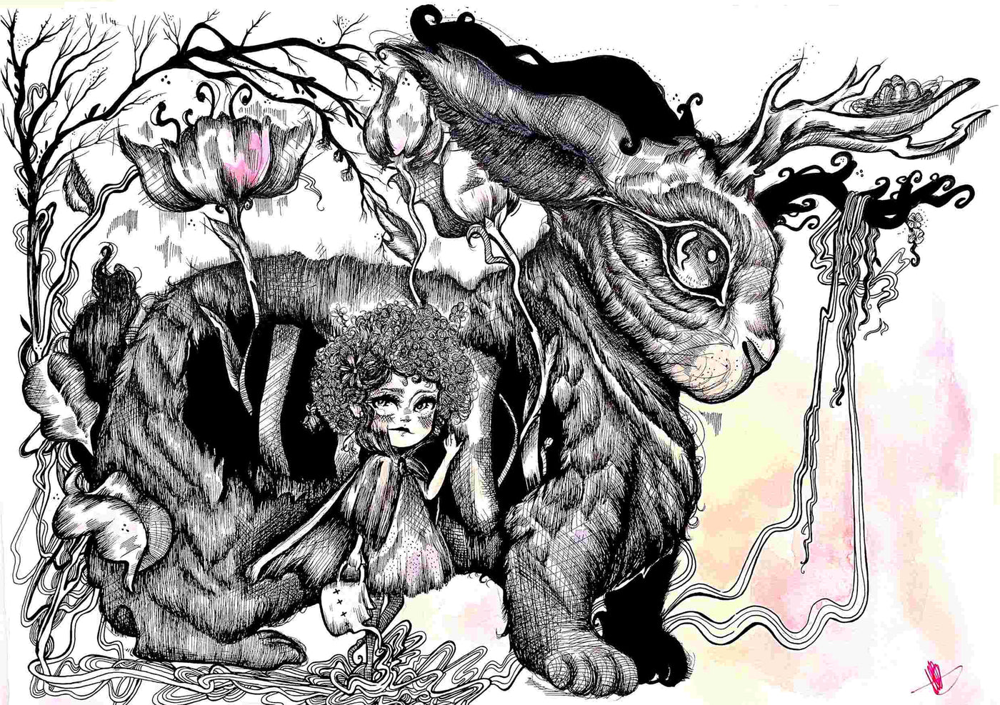 The product "Growth by MadDog Ink" from fap is a surreal black-and-white drawing perfect for art lovers. It features a large, whimsical rabbit adorned with intricate antlers and trailing vines. A curly-haired figure in a dress stands beneath it, surrounded by fantastical plants and twisted branches accented with pastel pink highlights—a true gem in the Little Art Series.