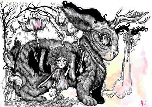 The product "Growth by MadDog Ink" from fap is a surreal black-and-white drawing perfect for art lovers. It features a large, whimsical rabbit adorned with intricate antlers and trailing vines. A curly-haired figure in a dress stands beneath it, surrounded by fantastical plants and twisted branches accented with pastel pink highlights—a true gem in the Little Art Series.