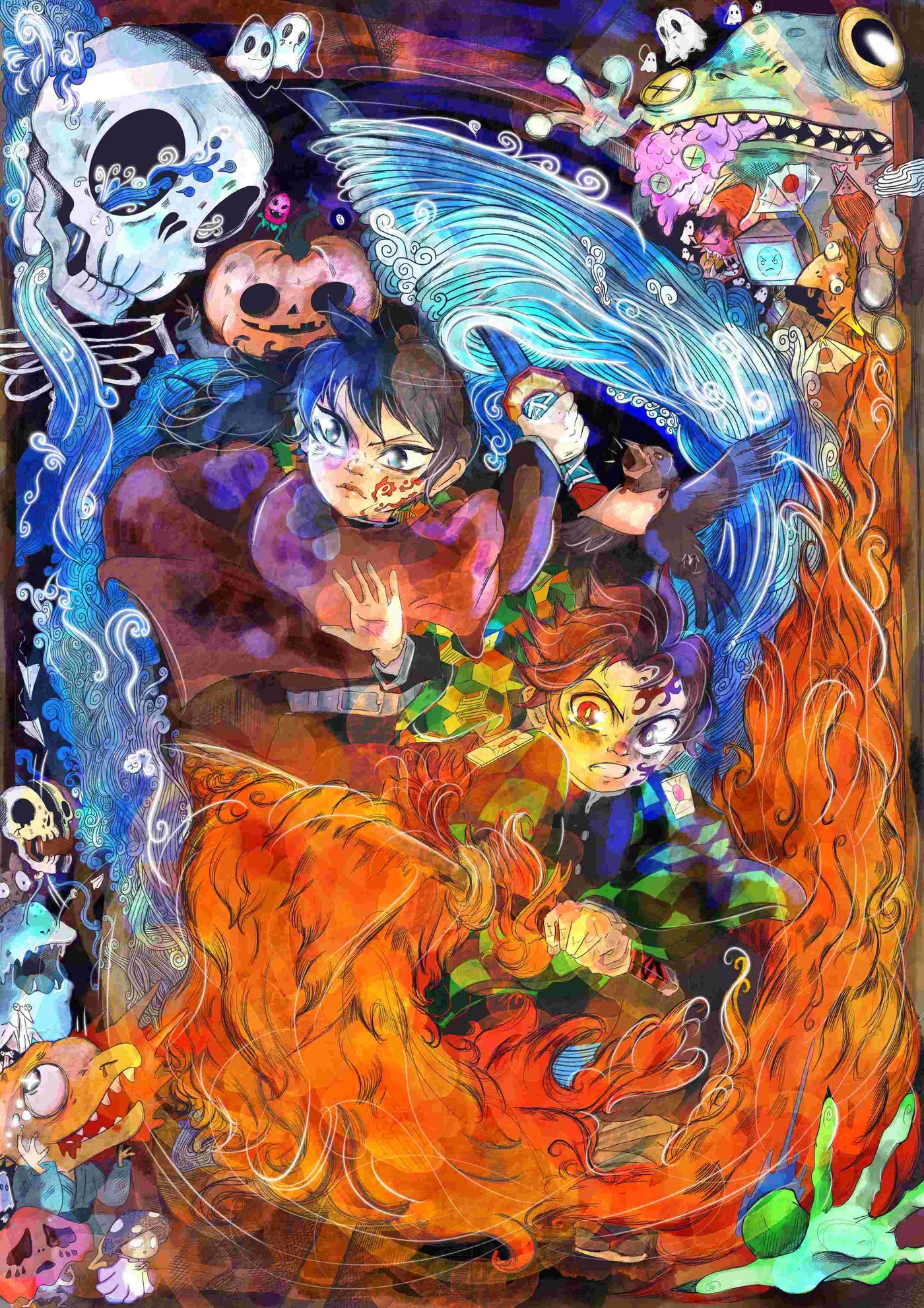 A vibrant, chaotic scene featuring several animated characters engulfed in swirling elements of water and fire. Skulls, flowers, and various creatures surround them, creating a dynamic and fantastical atmosphere. The Tanjirou and Giyuu mini prints by MadDog Ink from fap offer art lovers these intense central figures in captivating detail.