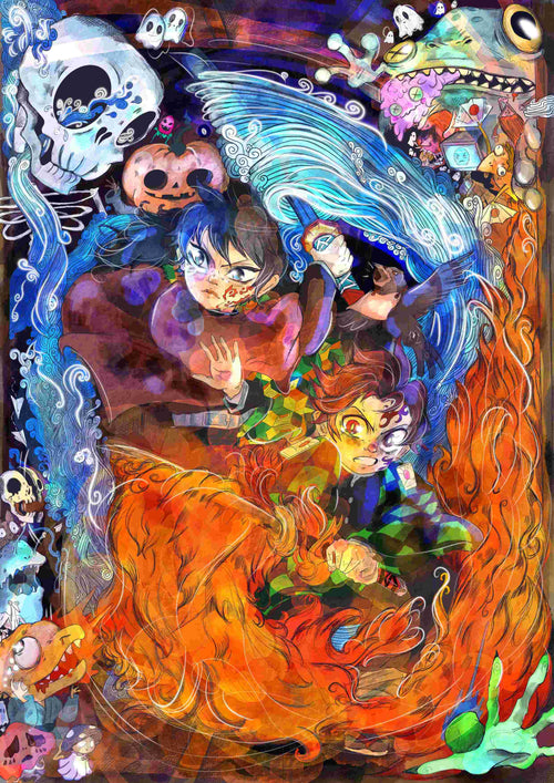 A vibrant, chaotic scene featuring several animated characters engulfed in swirling elements of water and fire. Skulls, flowers, and various creatures surround them, creating a dynamic and fantastical atmosphere. The Tanjirou and Giyuu mini prints by MadDog Ink from fap offer art lovers these intense central figures in captivating detail.