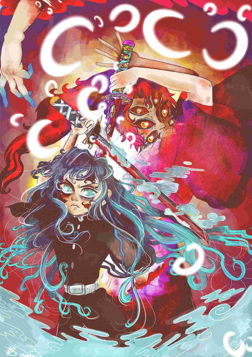 In the captivating mini print "Muichirou Kokushibo" by MadDog Ink from the Little Art Series by fap, two figures engage in a mystical battle. The lower figure features flowing blue hair and wields a sword that radiates blue energy, while the upper figure possesses striking red eyes and carries a vibrant sword. Surrounded by abstract shapes and energy, this artwork is truly a masterpiece of dynamic color.