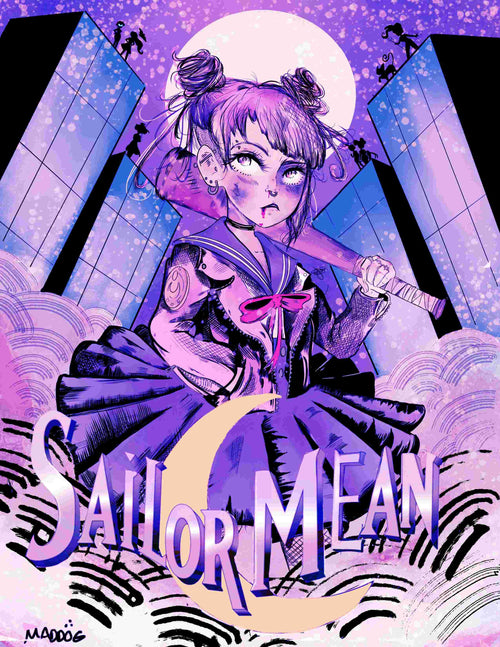 An energetic illustration in the Little Art Series features a determined girl with pigtails and a baseball bat, standing confidently. She's dressed in a sailor uniform with a cityscape of tall buildings behind her. The words "Sailor Mean" appear boldly at the bottom, integrated with a crescent moon, making it an ideal piece for art enthusiasts and Mini Prints collectors. This artwork is called "Sailor Mean by MadDog Ink" and is part of the fap brand collection.