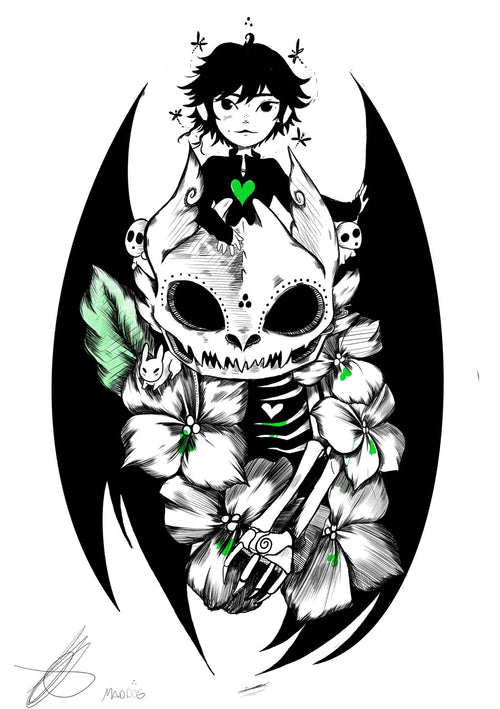 **A stylized black and white drawing from the Little Art Series, titled "How to Train Your Dragon" by MadDog Ink of the brand fap, showcases a child-like figure above a large skull adorned with flowers and leaves. Green heart accents embellish both the skull and figure. A small creature sits amid the floral design, making it an ideal choice for Deluxe Postcard lovers seeking unique art.**