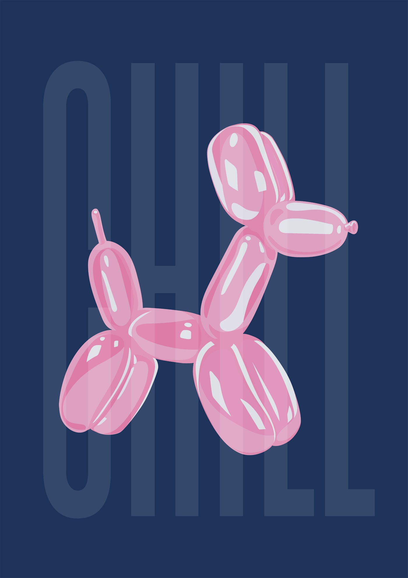 The Chill Balloon Dog Pink & Blue poster by Blue Dog Posters features a pink dog-shaped balloon centered on a dark blue background with "CHILL" faintly visible in large, uppercase letters.