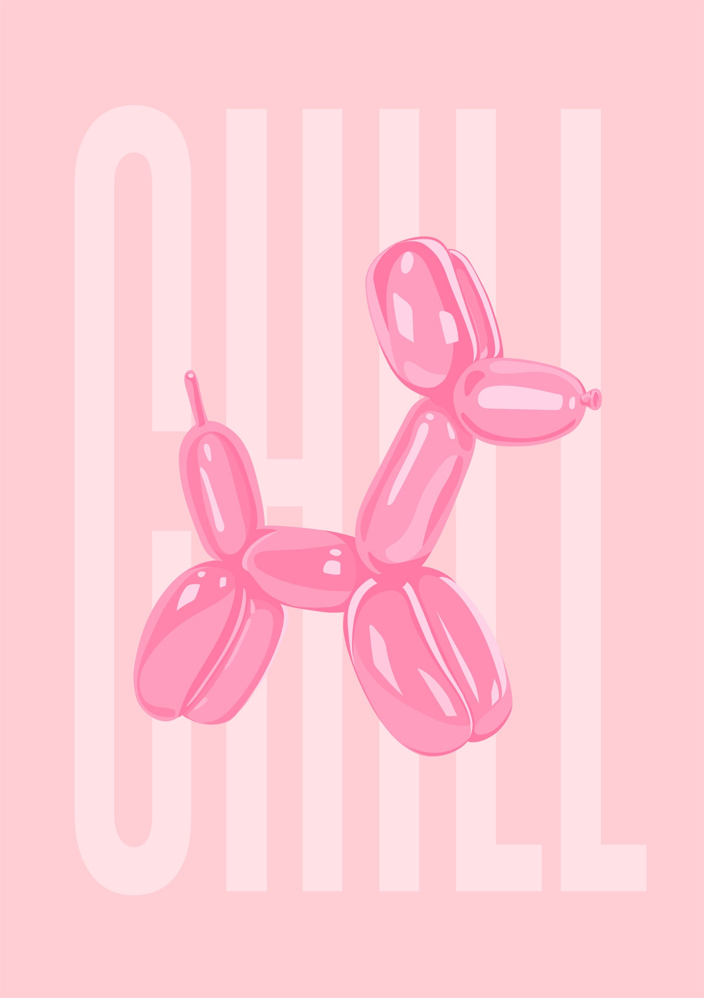 The Blue Dog Posters product, Chill Balloon Dog Pink, features a pink balloon dog illustration on a light pink background with "CHILL" in large, bold letters behind it.