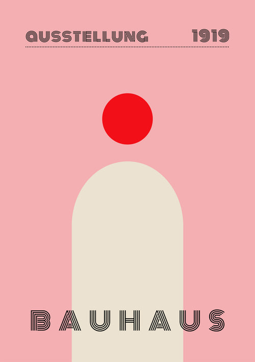 The Bauhaus Ausstellung 1919 by Blue Dog Posters showcases a minimalist design with a pink background, red circle, and tall beige shape. The text "BAUHAUS" is stylized below, with "AUSSTELLUNG 1919" above, emulating an exhibition poster.