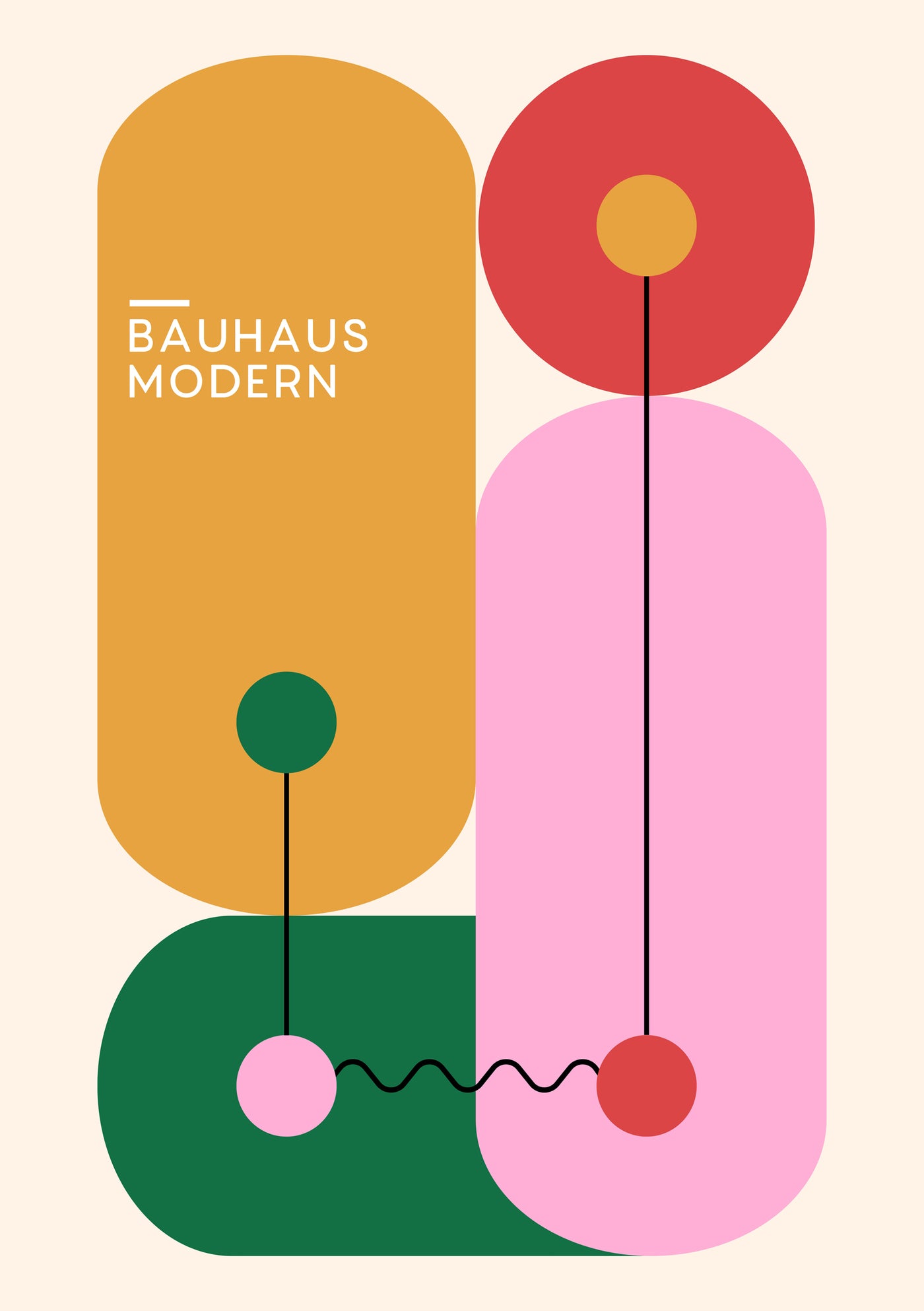 The "Bauhaus Modern" poster by Blue Dog Posters features a geometric abstract design with overlapping mustard, red, pink, and green shapes. Lines and circles interconnect the forms against a beige background for a minimalist, modern look.