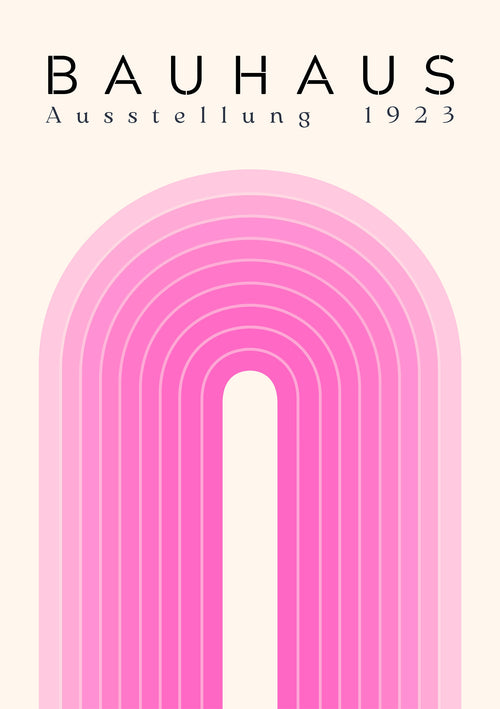 The Bauhaus Ausstellung 1923 poster by Blue Dog Posters showcases a minimalist design with nested arch-shaped pink lines creating a tunnel effect on a beige background, featuring the text "BAUHAUS" and "Ausstellung 1923" at the top.